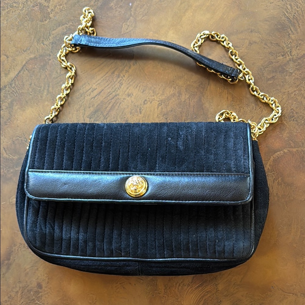Vintage Anne Klein for Caldiron Black and Gold Shoulder Bag with Chain Strap
